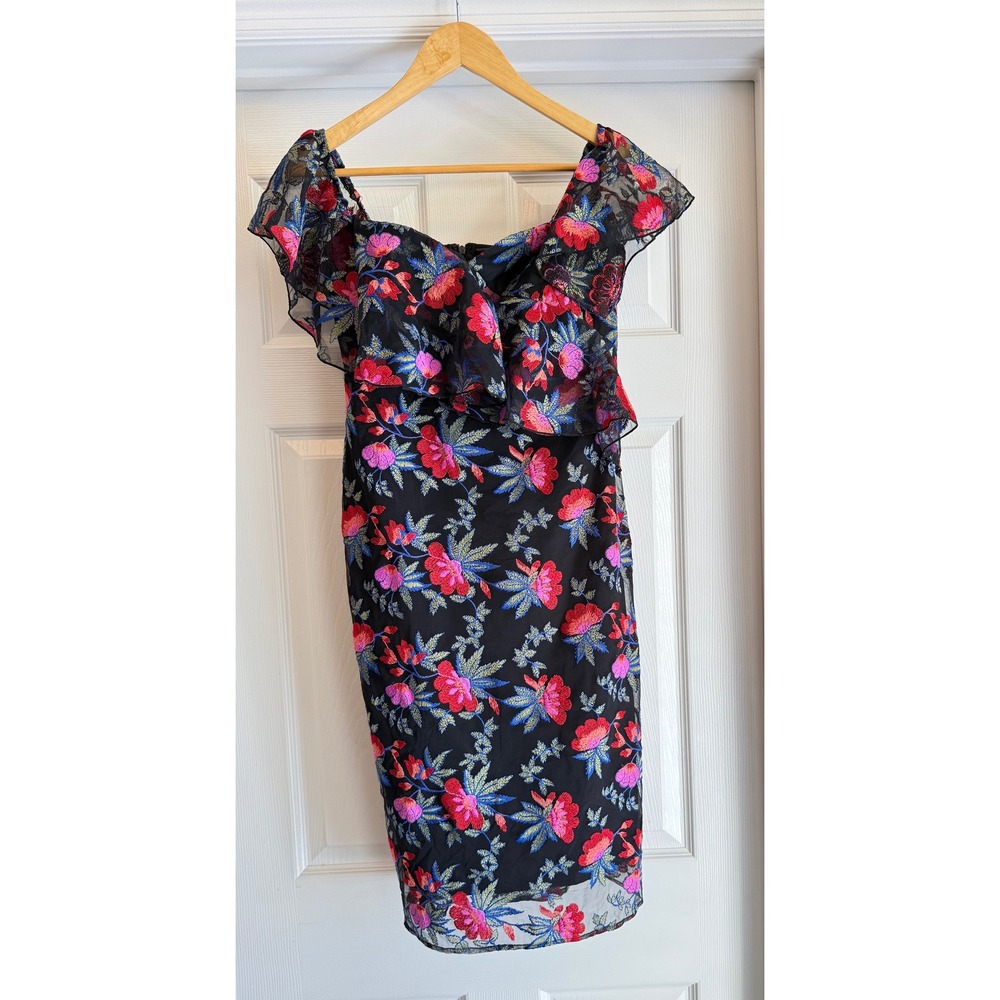 Sam Edelman Sheath Dress Womens 2 Black Floral Embroidered Ruffle Off Shoulder